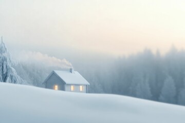 Sticker - Winter warmth enveloping a cozy cabin nestled in the snow, smoke curling from the chimney and lights twinkling.