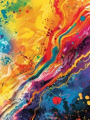 Poster - This vibrant abstract painting features a cascade of rainbow colors with dynamic swirling patterns and splatters, creating a sense of energetic movement.