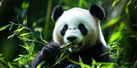 A panda eating bamboo in a lush forest.