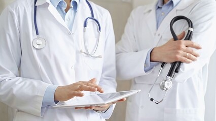 Two doctors wearing white coats and stethoscopes, using a digital tablet, discussing a patient's medical history. Medicine and science