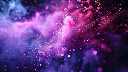 Sticker - This abstract image demonstrates pink and purple powder in motion, captured mid-air, showcasing delicate particles gracefully floating, forming a cloud-like structure.