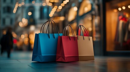 colorful shopping bags on the street, blurred store windows and bokeh lights in city center.