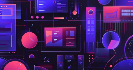 Wall Mural - A vibrant digital collage showcasing software UI/UX elements and data charts against a dark background for modern design inspiration.