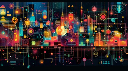 Wall Mural - Cityscape teeming with color and interconnected networks, highlighting the future of urban innovation and connectivity.