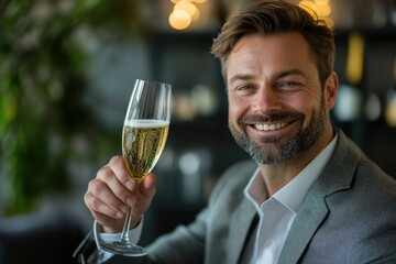 businessman toasting with champagne and smiling at camera in office background