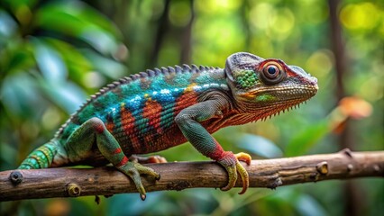 Wall Mural - Warzencham?leon crawling on a branch in Madagascar forest, Furcifer verrucosus, chameleon, reptile, wildlife