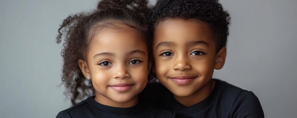 portrait of african american siblings in black outfits hugging warmly on gray backdrop, banner, Generative AI