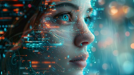 Canvas Print - This image showcases a close-up of a woman's face intertwined with digital elements, reflecting technology integration.