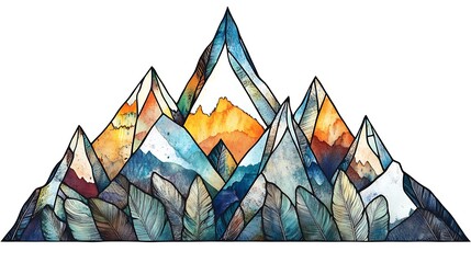 Wall Mural - Tranquil Mountain Feathers - Hand-Drawn Stained Glass Window Design in Watercolor Style on White Background