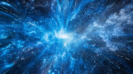 This dazzling image showcases high-speed light streaks forming a tunnel effect through space, filled with vibrant blue hues and stars.