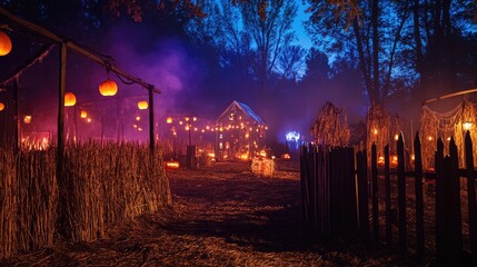 Canvas Print - Spooky Halloween Scene with Jack-O-Lanterns and Fog