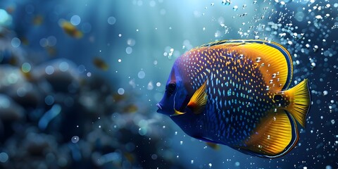 Wall Mural - Vibrant Clarion Angelfish Swimming in Deep Bubbling Ocean Waters