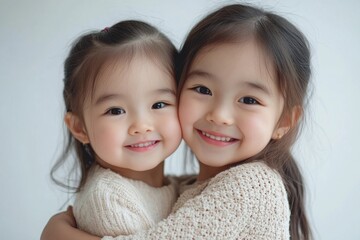 Cute happy Asian siblings hugging cuddling feeling love and connection, smiling kid girl sister embracing little girl sister on white background, 2 children good, Generative AI