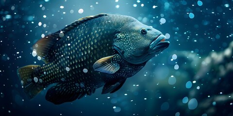 Wall Mural - Majestic Napoleon Wrasse Fish in Deep Underwater Seascape with Bubbles