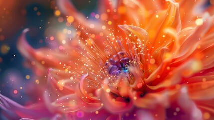 This image captures an enchanting close-up of a vibrant orange and pink flower, adorned with dreamy light particles and bokeh.