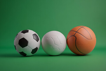 Three sports balls arranged on a green background, representing soccer, volleyball, and basketball.