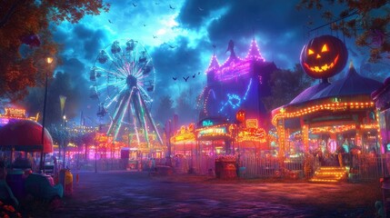 Nighttime Carnival Under a Spooky Sky