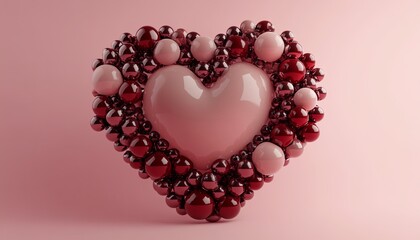 A large pink heart is surrounded by smaller red and pink spheres on a pink background.