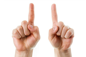 Two Caucasian hands with index fingers pointing upwards on a white background, symbolizing direction or instruction