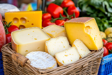 Wall Mural - Market counter with a variety of cheeses, highlighting artisanal dairy products in a rustic setting.