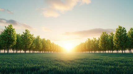 Poster - Sunset Over Green Field And Trees.