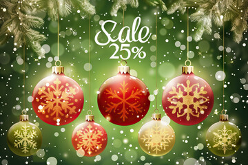 Wall Mural - sale's 25% off holiday ornaments: Christmas tree adorned with festive decorations including sparkling ornaments and twinkling lights.