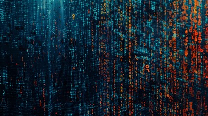 Wall Mural - An image of a digital data stream, showcasing binary code in a gradient from blue to red on a dark background.