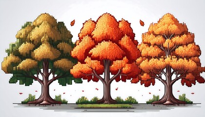 Wall Mural - Pixel Art Autumn Trees - 16-bit pixel art asset collection with a focus on autumn trees. Isolated on white background. Game Design assets collection. Graphics art 8 bit illustration