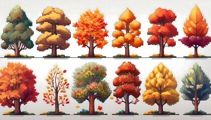 Wall Mural - Autumn Pixelated Forest Set - 16-bit pixel art collection of different autumn trees. Game Design assets collection. Isolated on white background. Graphic art 8 bit illustration