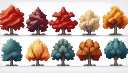 Wall Mural - Autumn Pixelated Forest Set - 16-bit pixel art collection of different autumn trees. Fall Game Design assets collection. Isolated on white background. Graphics art 8 bit illustration