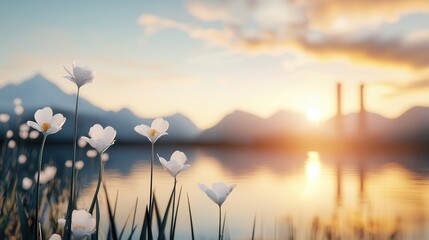 Wall Mural - White Flowers at Sunset.