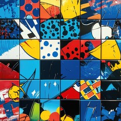 Wall Mural - Vibrant pop art design featuring striking blue hues and classic comic book patterns.