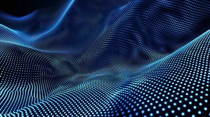 Poster - This image portrays a digital landscape of glowing blue dots, forming abstract undulating wave patterns in a dark background.