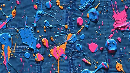 Wall Mural - Dynamic splashes of vibrant paint in blue, pink, and orange on a textured denim-like canvas, evoking energy and artistic creativity.