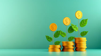 Stacks of gold coins are adorned with green leaves, symbolizing financial growth and investment. The turquoise background enhances the theme of prosperity and success