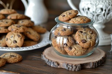 Poster - Chocolate chip cookies are piled high in a glass jar on a rustic wooden table