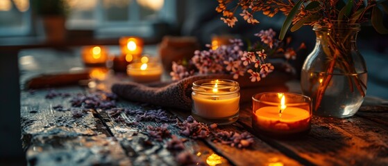 Spa and wellness composition with candles. Colorful wax  aroma candles. Aroma candles on a background with copy space. Burning Aroma candles. Closeup. Spa still life, candles, towel and aroma oil.