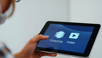 A person holding a tablet with e-learning icons displayed on the screen, book, a head silhouette, and a video player icon. Blurred background, suggesting a professional or educational setting