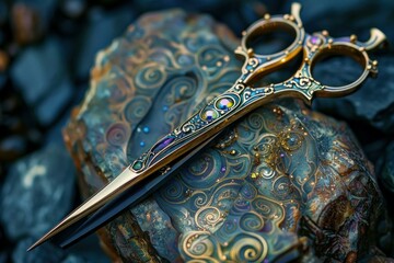 Close up of professional hairdressing scissors lying on a precious stone with gold ornamentation, creating a luxurious and stylish image