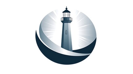 Wall Mural - Moon and Lighthouse Logo Vector Graphic in Silver Color on White Background - Modern Geometric Design with Clean Lines and Professional Quality