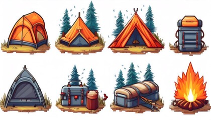 Wall Mural - Camping Equipment Pixelated Icons - 16-bit pixel art set of camping icons - tent, campfire, backpack. Game Design assets collection on white background. Graphic art 8 bit illustration