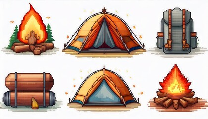 Wall Mural - Camping Equipment Pixelated Icons - 16-bit pixel art set of camping icons, featuring a tent, campfire, backpack. Game Design assets collection isolated on white background. Graphic art 8- illustration