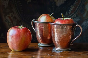 Sticker - Three red apples resting in and near hammered copper cups on a wooden surface