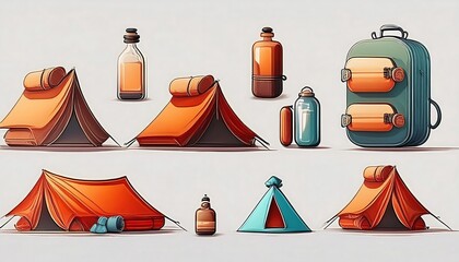 Wall Mural - Camping Gear Pixelated Icons - Design an 8-bit pixel art asset collection with camping gear icons - tents, backpack. Game Design assets collection on white background. Graphic art 8 bit illustration