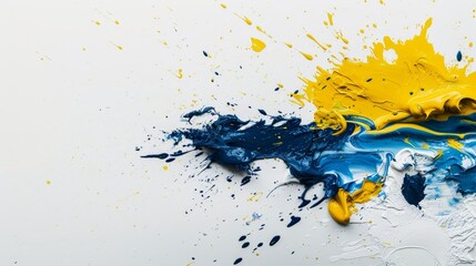 Canvas Print - Modern abstract art capturing dynamic paint splashes of blue, yellow, and white on a clean, minimalistic background canvas.