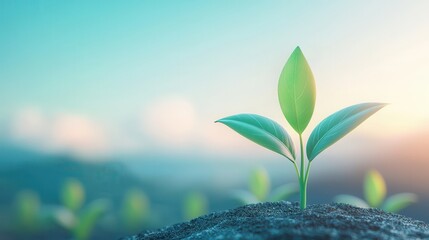 Sticker - Single Green Sprout Growing in Soil With Soft Light Background.