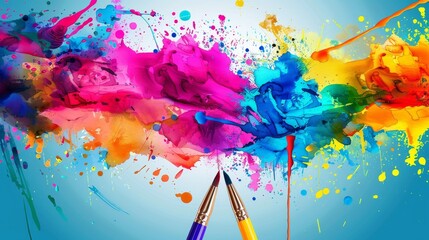 Canvas Print - Two paintbrushes create an explosion of colors, forming a vibrant and lively rainbow effect gracing a blue backdrop.