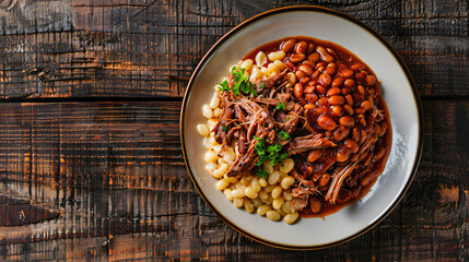 Wall Mural - Savor a hearty and satisfying meal with bbq pulled pork, baked beans, and white beans on a plate