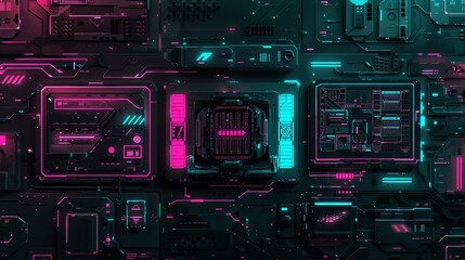 Canvas Print - The image displays a neon-lit circuit board adorned with pink and blue elements, showcasing the complexity of modern technological components.