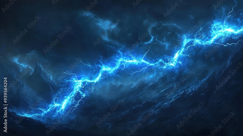 Dynamic blue lightning bolt streaking across a dark fantasy landscape ...